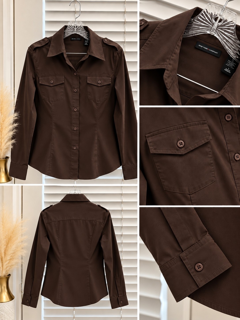 New York & Company Chocolate Brown Button-Front Tailored Shirt - Picture 2 of 6